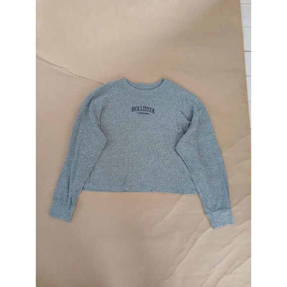 Hollister Cropped Sweater Shirt Womens L Gray Long Sleeve Ribbed Lightweight - Picture 1 of 7